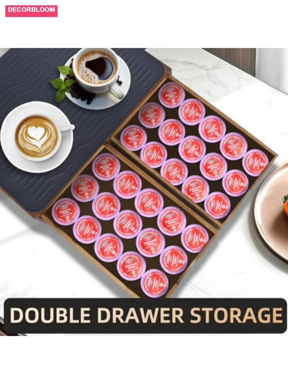 Wooden Coffee Pod Holder Drawer with Silicone Non-Slip Pad, 30 Pod Capacity